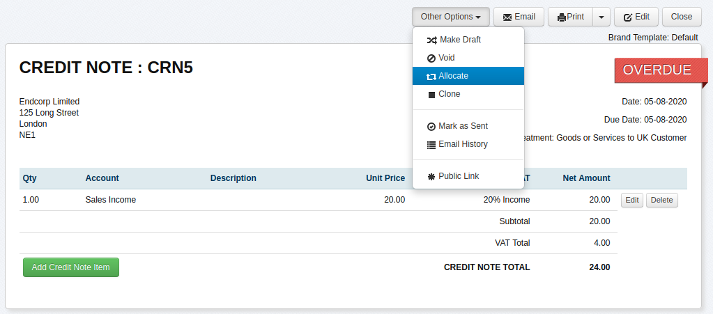 Allocate Credit Note