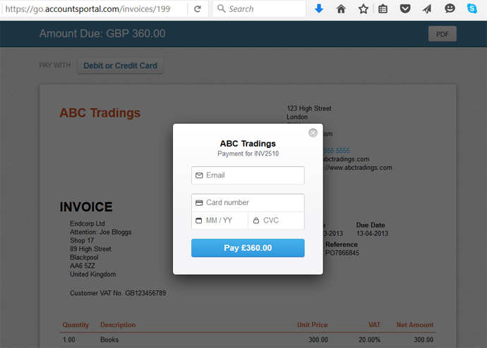 Accounting invoice screen showing how to accept card payments via Stripe