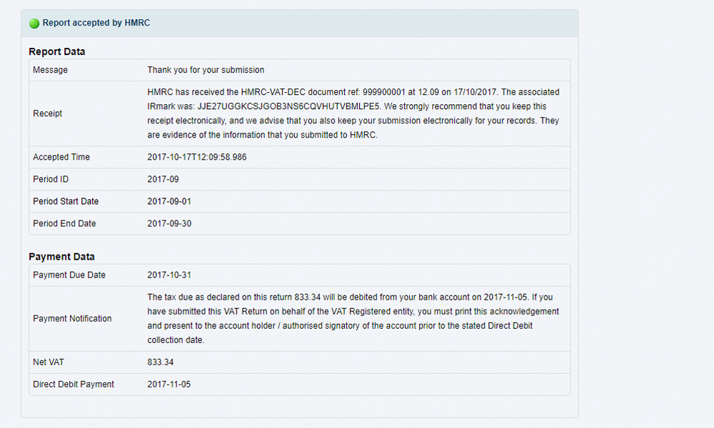 response from HMRC online vat submission